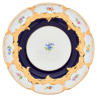 Speiseteller, Form "B-Form", gestreute Blümchen, königsblau glasiert, Goldbronze, Ø 22 cm