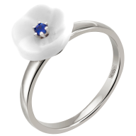 Ring Royal Blossom Basic Saphir, 750 Weißgold, 1 Porzellanblüte S mit 1 Saphir 0,07 ct blau facettiert