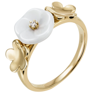 Ring Royal Blossom Bouquet, 3 Blüten S, 750 Gelbßgold, 1 Porzellanblüte S, 1 Brillant 0,02 ct, TW, VSI, Vollschliff Gut, 2 Goldblü