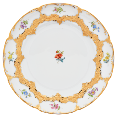 Vorspeise- und Dessertteller, Form "B-Form", Gestreute Blümchen, bunt, Goldbronze, leicht, Ø 20 cm