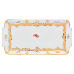 Platte, eckig, Form "B-Form", Gestreute Blümchen, bunt, Goldbronze, leicht, L 29 cm