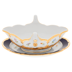 Sauciere, Form "B-Form", gestreute Blümchen, königsblau glasiert, Goldbronze, V 0,45 l