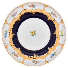 Speiseteller, Form "B-Form", gestreute Blümchen, königsblau glasiert, Goldbronze, ø 28 cm
