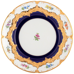 Vorspeise- und Dessertteller, Form "B-Form", gestreute Blümchen, königsblau glasiert, Goldbronze, Ø 20 cm