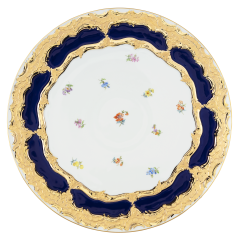 Platzteller, Form "B-Form", gestreute Blümchen, königsblau glasiert, Goldbronze, Ø 33 cm