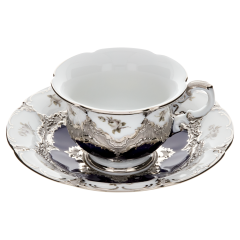 Espressotasse, Form "B-Form", Gestreute Röschen, weiß-grau, königsblau, Glanzplatin, V 0,1 l