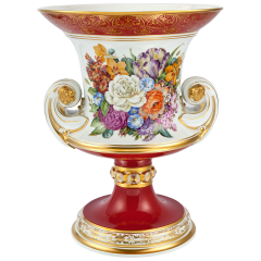 Semper Vase with "opulent flower painting", red border glaze, H 48,3 cm