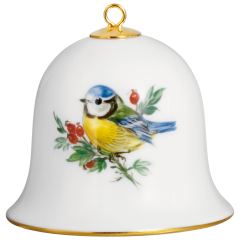 Miniatur-Glocke, Vintage Vogelmalerei, Blaumeise, Goldrand, H 5 cm