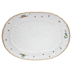 Platte, oval, Form "Schwanendessin", Indische Blumenzweige, gestreute Blümchen, Goldkante, Goldrand, L 34 cm