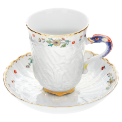 Kaffeetasse, Form "Schwanendessin", Indische Blumenzweige, gestreute Blümchen, Goldkante, Goldrand, V 0,15 l