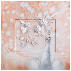 Wandbild Pfau mit Schneeballblüten, Lim. 25, 35 x 35 cm