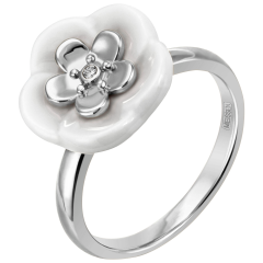 Ring Royal Blossom Bouquet, 1 Blüte M, 750 Weißgold, 1 Porzellanblüte M, 1 Brillant 0,01 ct, TW, VSI, Vollschliff Gut