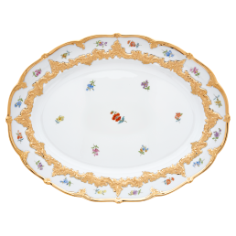 Platte, oval, Form "B-Form", Gestreute Blümchen, bunt, Goldbronze, leicht, L 40 cm