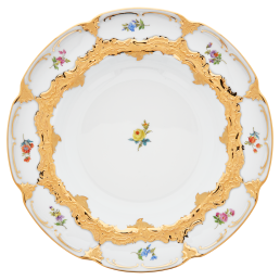 Suppenteller, Form "B-Form", Gestreute Blümchen, bunt, Goldbronze, leicht, ø 24 cm