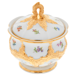 Zuckerdose, Form "B-Form", Gestreute Blümchen, bunt, Goldbronze, leicht, H 12 cm