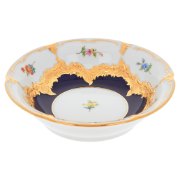 Dessertschale, Form "B-Form", gestreute Blümchen, königsblau glasiert, Goldbronze, L  cm