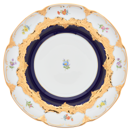 Suppenteller, Form "B-Form", gestreute Blümchen, königsblau glasiert, Goldbronze, ø 24 cm