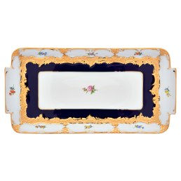 Platte, eckig, Form "B-Form", gestreute Blümchen, königsblau glasiert, Goldbronze, L 29 cm