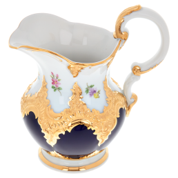 Milchkännchen, Form "B-Form", gestreute Blümchen, königsblau glasiert, Goldbronze, V 0,18 l