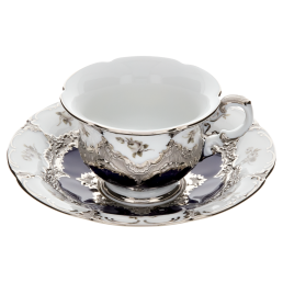 Espresso cup & saucer, Shape "B-Form", Strewn Roses, white-grey, royal blue, shiny platinum, V 0,1 l