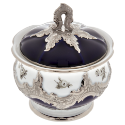 Sugar Bowl, Shape "B-Form", Strewn Roses, white-grey, royal blue, shiny platinum, H 12 cm