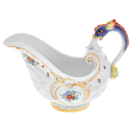 Sauciere Delphinhenkel, Form "Schwanendessin", Indische Blumenzweige, gestreute Blümchen, Goldkante, Goldrand, V 0,25 l