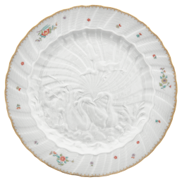 Platzteller, Form "Schwanendessin", Indische Blumenzweige, gestreute Blümchen, Goldkante, Goldrand, Ø 32 cm