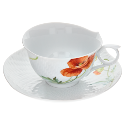 Teetasse, Form "Wellenspiel Relief", Blumenmalerei "Wilder Mohn", rot, weißer Rand, V 0,15 l