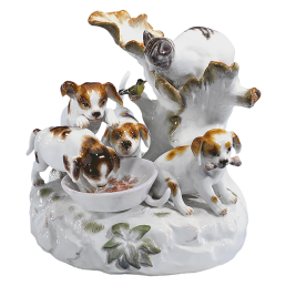 Hundegruppe mit Kätzchen, Bunt staffiert