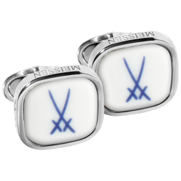 Manschettenknopf-Paar mit neuer Mechanik, 925 Sterlingsilber, mit Porzellanplättchen Markenzeichen Schwerter in Kobaltblau